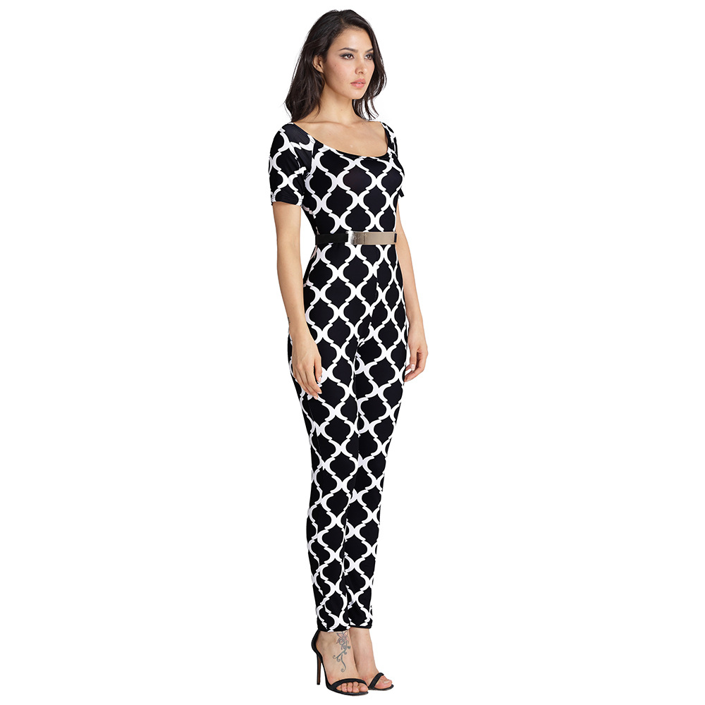 F2516-2 Women Jumpsuits Fashion Print Off the Shoulder with Belt